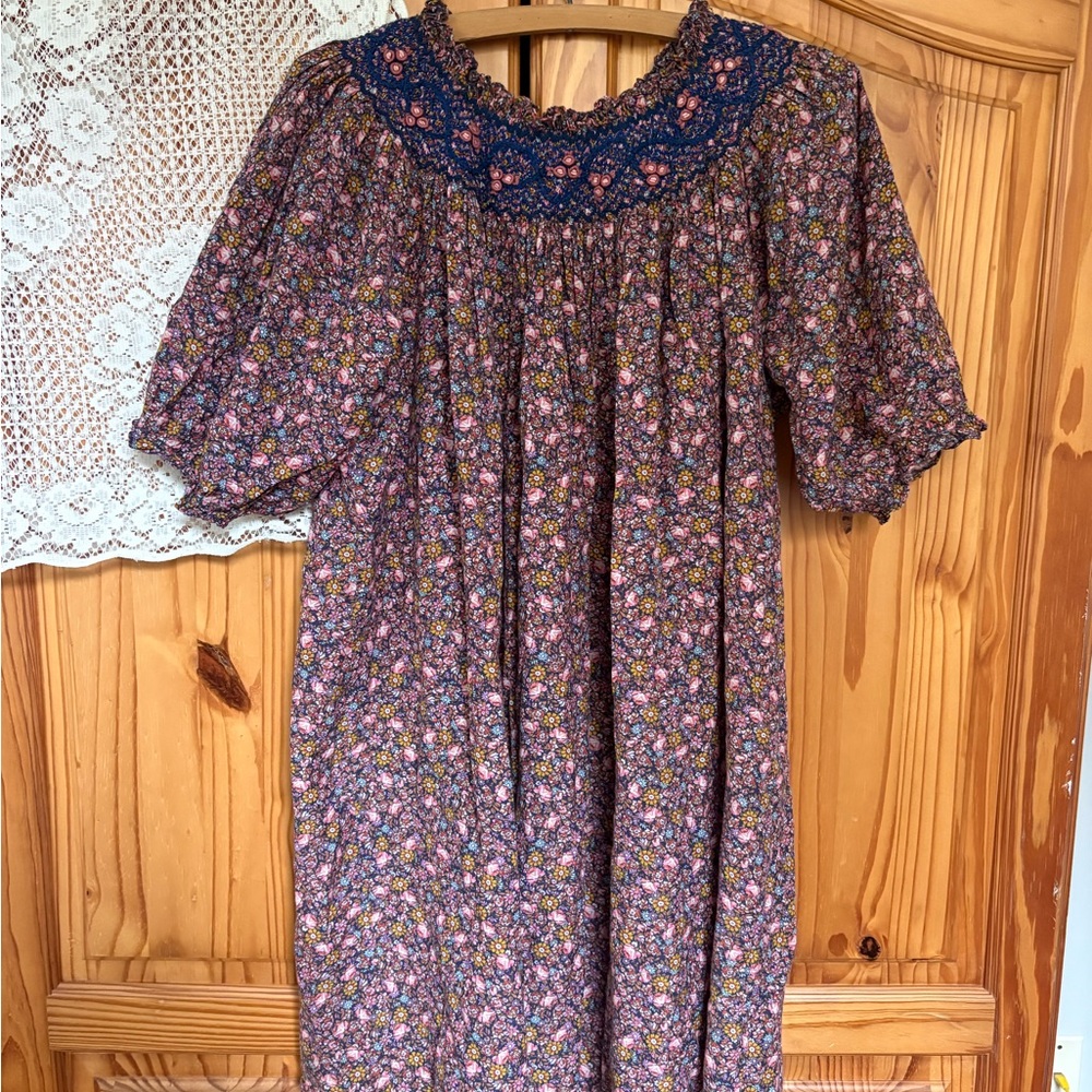 Doen Navy Smocked Yoke Mini Dress with Pink Floral Print